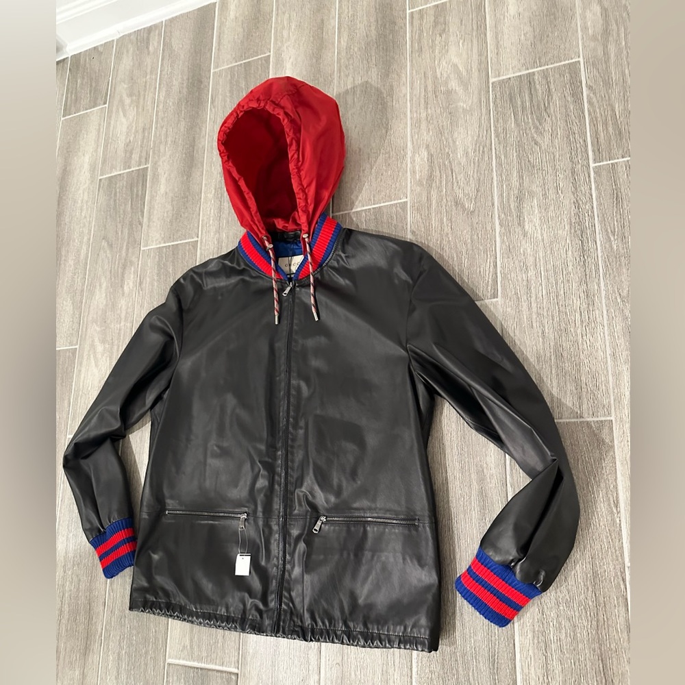 AUTHENTIC GUCCI NAPPA LEATHER KNIT WEB DESIGN BOMBER JACKET GG 48 474052 XG421